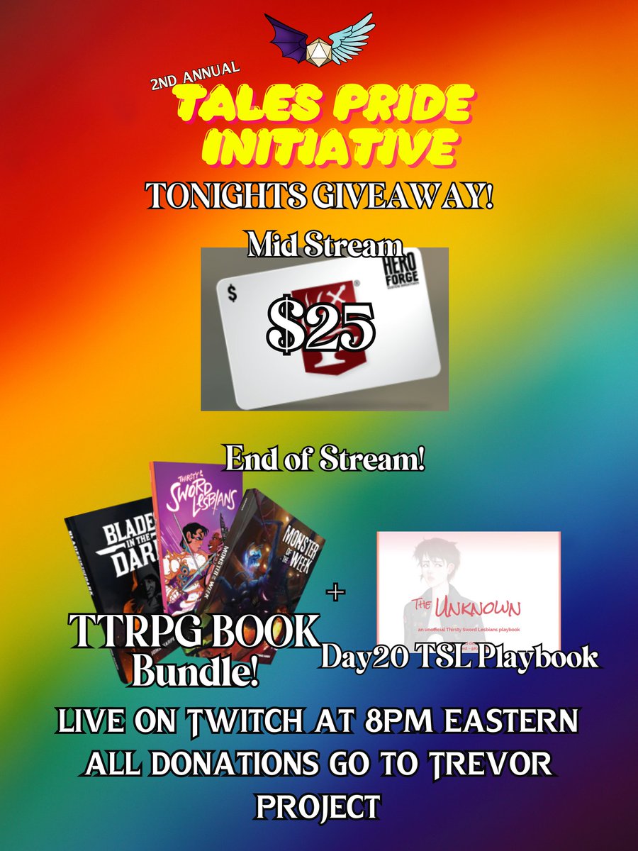 Friends!

Giveaway for tonight's Charity Stream! 

Join us LIVE here at 8pm EST (20 mins!): twitch.tv/tales_of_initi…

Donate here towards the Trevor Project!: tiltify.com/@talesofinitia…

RETWEET for an extra entry!

#ttrpg #Pride2023 #charity