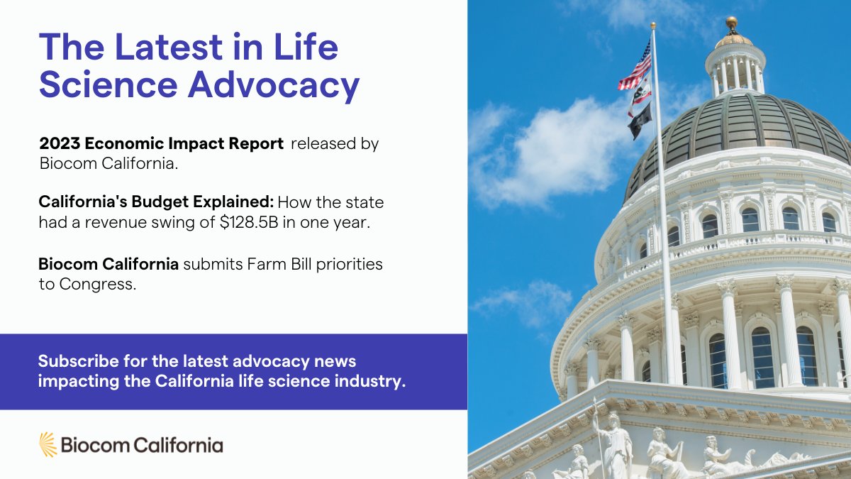 Biocom's tweet photo. Attention Biocom California members: Did you catch this month’s Public Policy Newsletter? Read about the release of our 2023 Economic Impact Report; CA's budget problem explained; and more. Subscribe at: https://t.co/eOx1Qdy89r https://t.co/DJfamcVaWV