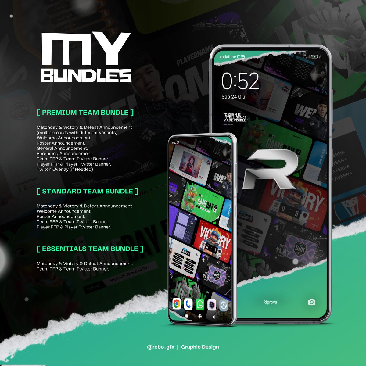🎨 Available Bundles‼️

- Premium Team Bundle
- Standard Team Bundle
- Essentials Team Bundle

Each bundle is Accessible and editable from Mobile.

DM 📩 for Prices &amp; commissions

#Design #eSports #bundle #Available