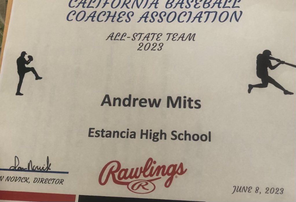 Congratulations to Andrew Mits @DMitsBaseball  on being selected to the CBCA All State Team! Well deserved!! @EstanciaSports @mjszabo @AndrewTurnerTCN @SteveFryer @TimBurtIrvine @OCSportsZone @latsondheimer