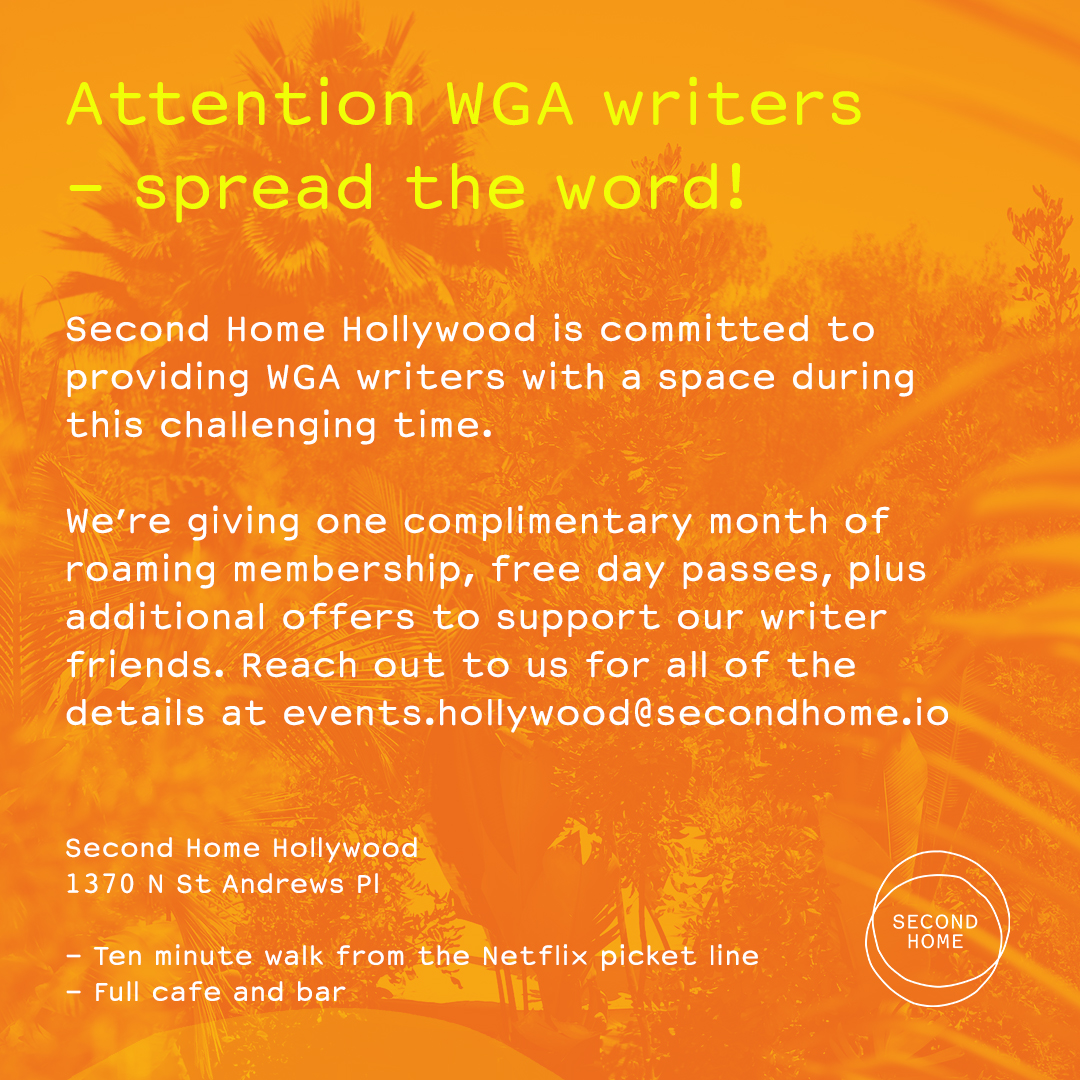 Need to find a creative haven for your personal writing projects in between strike shifts? Second Home Hollywood is committed to providing WGA writers with a space during this time. Find out more here! rb.gy/p3zqz