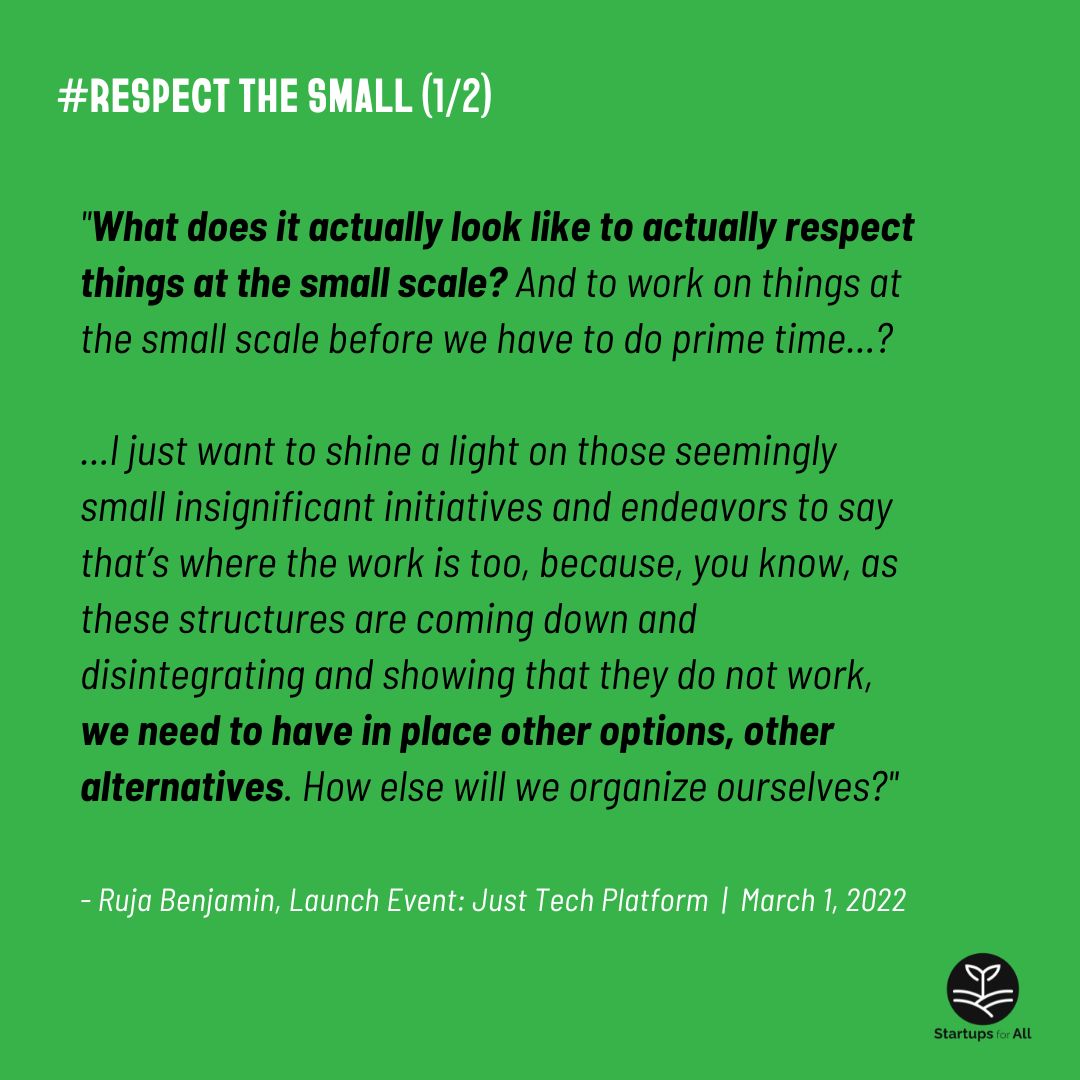 startupsforall's tweet photo. Today, we want to pause and take a moment to honor those small steps we take, off the beaten path, that make space for possibility, for change, for progress. And we're reminded of the exact moment that inspired us to "celebrate the small" - @ssrc_just_tech's 2022 Launch Event. https://t.co/eNaoHRwqgO