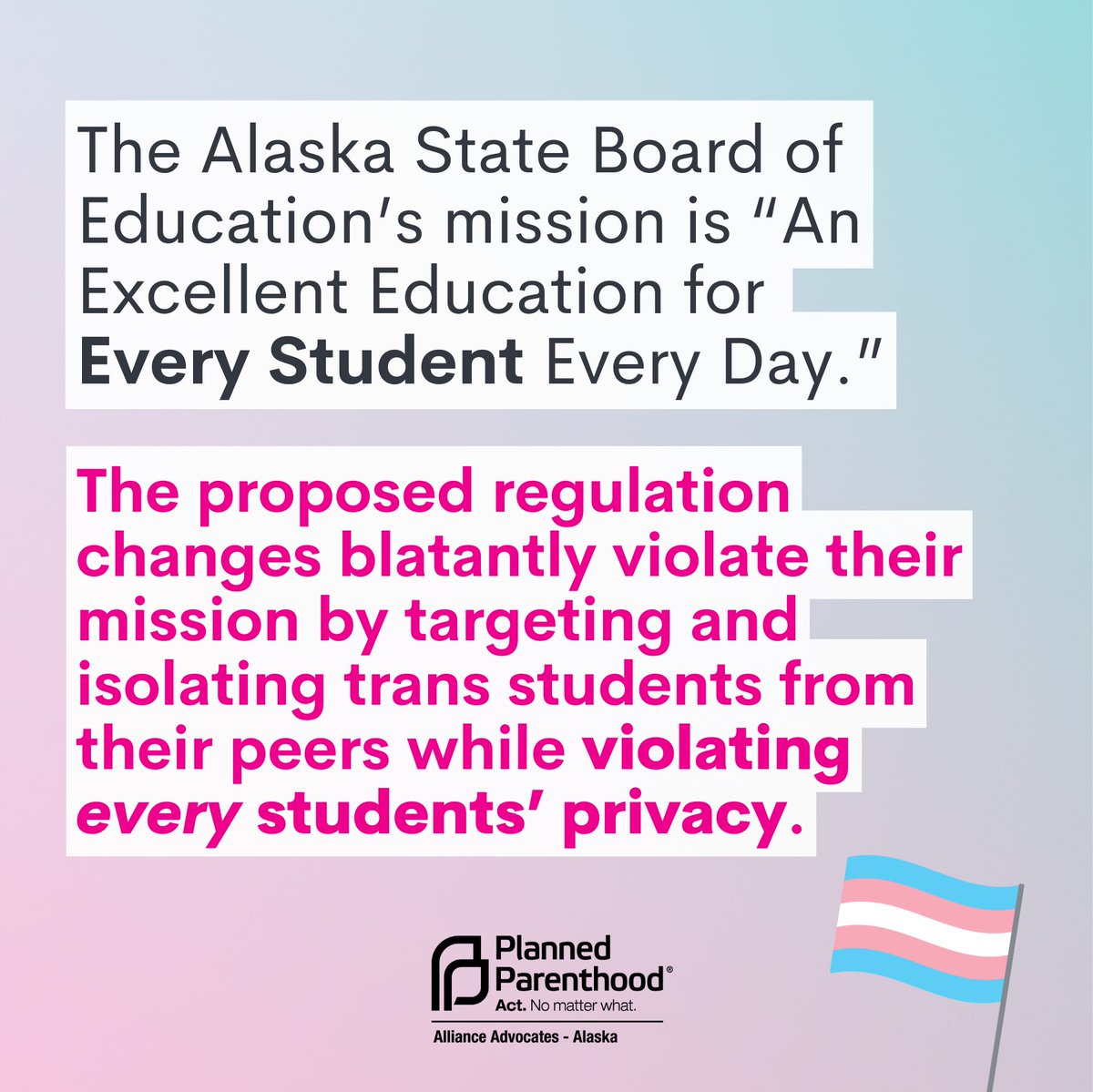 <a href="/GovDunleavy/">Governor Mike Dunleavy</a> Email deed.commissioner@alaska.gov (or email here: plannedp.info/46icmtJ ) and urge the Alaska Board of Education NOT to adopt their statewide anti-trans sports regulation changes. #akleg #alaska #ProtectTransKids