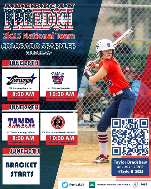 I am so excited for me and my team to head to Colorado for the Sparkler tournament this week! The competition will be a great challenge for every player. Our teams schedule is posted as well! <a href="/gold2k25/">American Freedom 2k25 National</a> <a href="/AFSBALL/">American Freedom Softball</a>