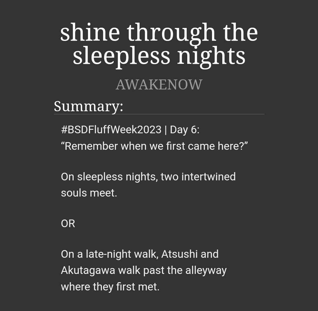 ryuunsskk's tweet photo. โก "Remember when we first came here?"
shine through the sleepless nights | 2.1k | 1/1
https://t.co/kh8G3BYSqH
#BSDFluffWeek23 @BSDFluffWeek #sskk #shinsoukoku #bsd https://t.co/57Vd2H3FRU