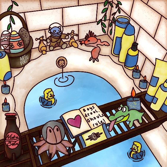 Not entirely sure if I'm done with it yet, but Fallout inspired bath time 🛁🧼🦆🐊🐙💙 #fo76 #fallout76 #fallout