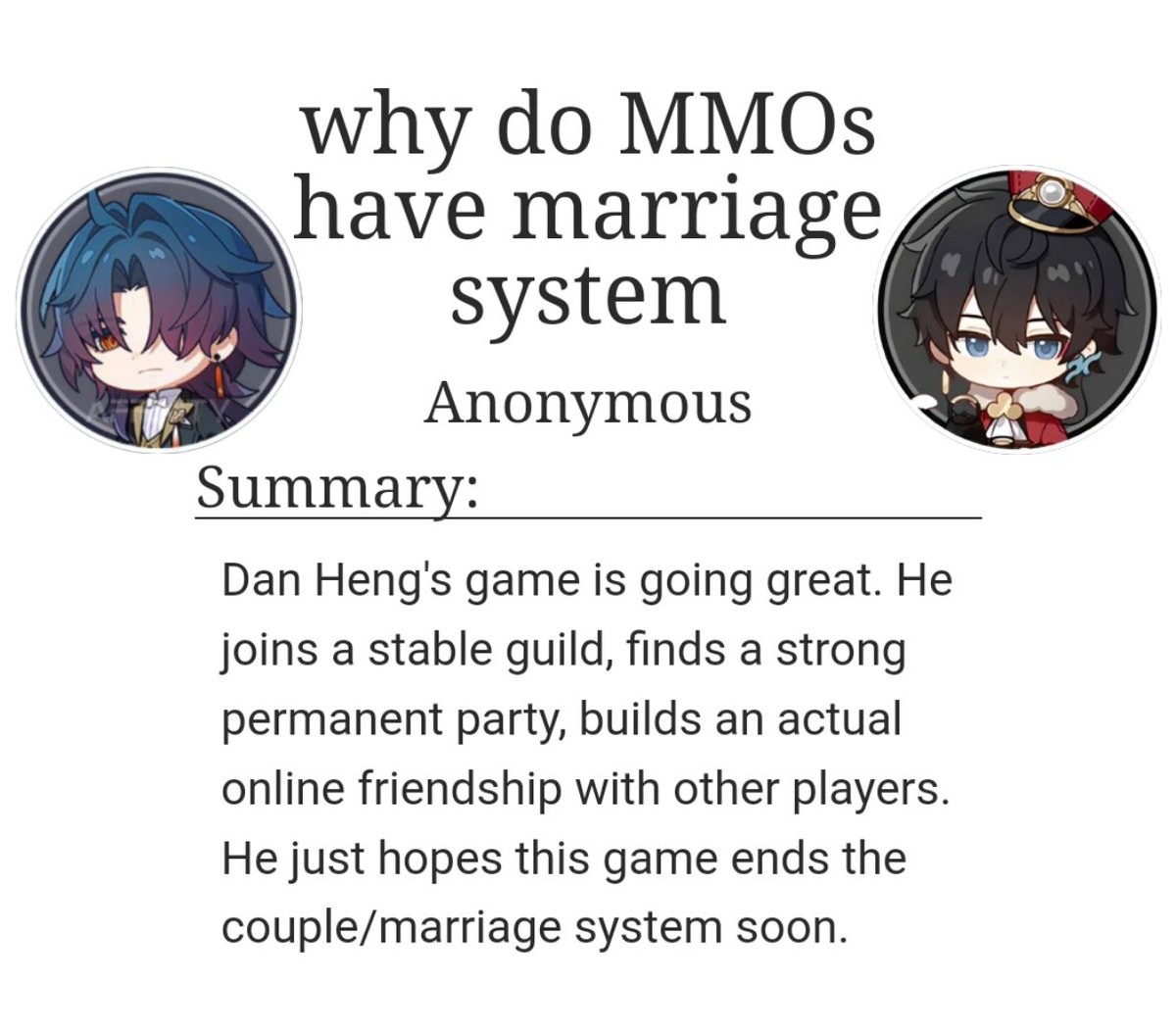 DailyRenheng's tweet photo. #RenHeng | #FridayFic βοΈπ
Today's recommendation is one of my favorites so far: "why do MMOs have marriage system" by Anonymous https://t.co/HkP8ezT6O8
The comedy relief you need for this angsty ship!
βRemember to always read tags and author's notes before reading! https://t.co/uSw0GEL4jS