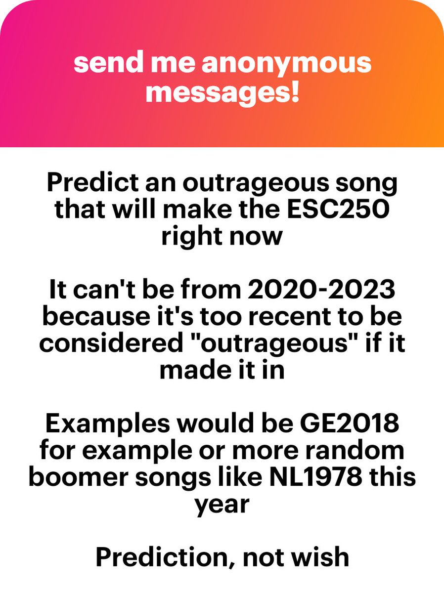 im probably the last person you should ask about this 😭 would something like sama or strazdas be considered outrageous? idk their results in past esc250 lists but they feel like they have enough of a cult following to make it on there