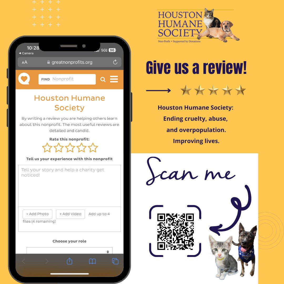 Help Us Shine Bright! Leave a 5-Star Review for the Houston Humane Society!

Click on the link or simply scan the QR code below to leave your 5-star review:
bit.ly/46lnMN8 

Together, we can make a significant impact in the lives of these deserving animals!