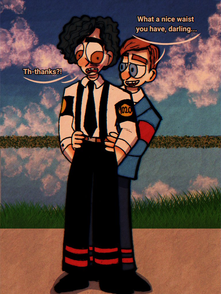 'What a nice waist you have, darling'
'Th-thanks?!' 

#thehorrorsofhawinlake #theenginedriversseries #tttedane #tttehawin #danexhawin #shipart  #tttehumanized #thomasthetankengine