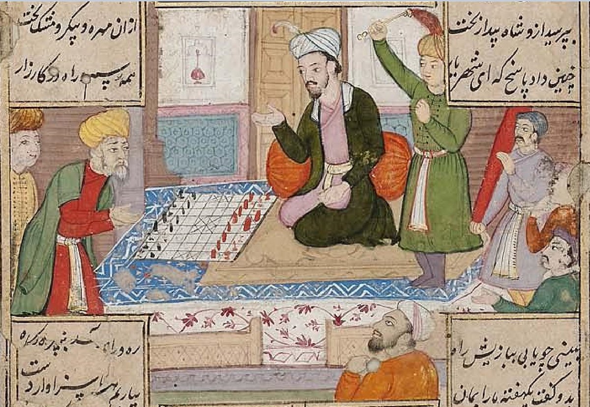 Buzurjmihr Explaining Chess to 
King Anushirwan (r. 531-79),
folio from a manuscript of Firdausi's (c.940-1020) Shahnama (completed 8 March 1010)
Opaque watercolour, ink, and gold on paper
India, Mughal,
early 17th century

collections.mfa.org/objects/148647…