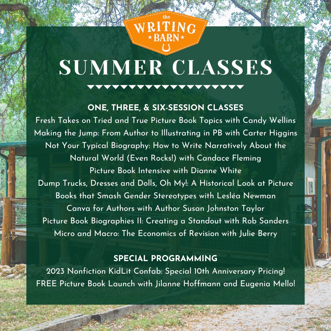 If you have extra time this summer, cool off with a writing class at the Barn! 🍉

We've got one session, three session, and six session classes  – #picturebook writers, there's plenty to choose from this season!

See our full class schedule here:
thewritingbarn.com/upcoming-class…