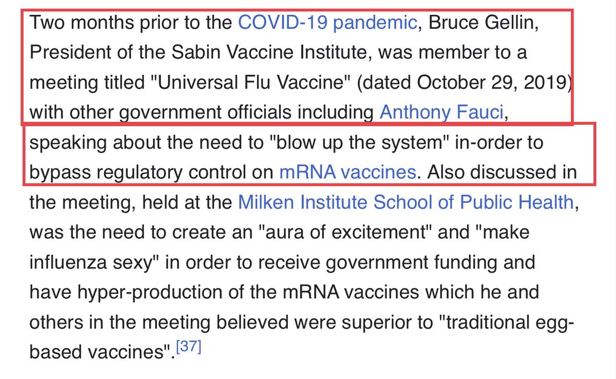 🚩 The Wikipedia page for the Sabin Vaccine Institute (associated with Bill Gates, Peter Hotez, and Fauci) says that months prior to the Covid pandemic they discussed a need to “blow up the system” to bypass regulations for mRNA vaccines. en.wikipedia.org/wiki/Sabin_Vac…