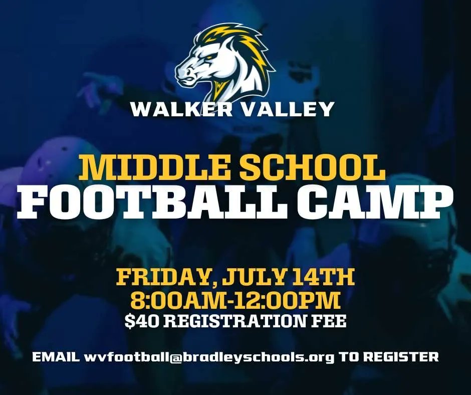 Excited to host a one day MS Football Camp on July 14th. Please email Wvfootball@bradleyschools.org for more information. Going to be a great day of teaching ball.