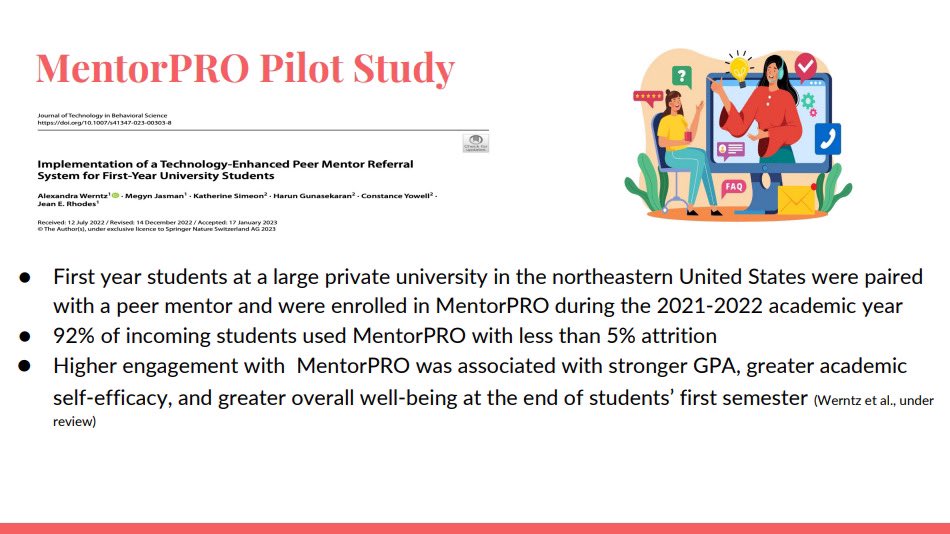 MentorPro (@mentorpro_) on Twitter photo (1/3) Earlier this week, our colleagues at <a href="/CEBMatUMB/">Center for Evidence-Based Mentoring</a> presented findings on pilot year engagement with MentorPRO at the <a href="/SocietyDMH/">Society for Digital Mental Health</a> conference.
More specifically, the presentation examined whether #student engagement with MentorPRO differed by… (1/3) Earlier this week, our colleagues at <a href="/CEBMatUMB/">Center for Evidence-Based Mentoring</a> presented findings on pilot year engagement with MentorPRO at the <a href="/SocietyDMH/">Society for Digital Mental Health</a> conference.
More specifically, the presentation examined whether #student engagement with MentorPRO differed by…
