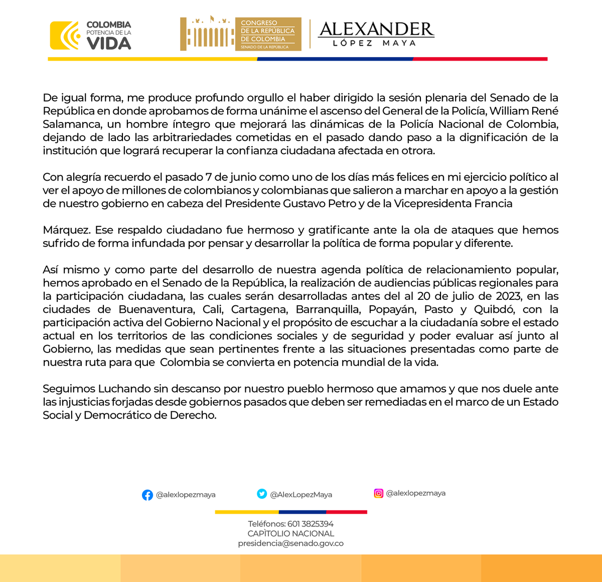 AlexLopezMaya's tweet photo. Aunque fue poco tiempo el que lideré y presidí esta plenaria, para mí fue un honor y un orgullo ser el primer político de izquierda, proveniente de la lucha sindical en llegar a la presidencia del Senado de la República.  Fue un ejercicio intenso, que con esfuerzo y dedicación pudimos sacar adelante, me honra terminar esta legislatura con la certeza de haber brindado todas las garantías como lo ordena la constitución política y la ley 5ta y las normas complementarias.  Muchas gracias senadores y senadoras por acompañarme en este esfuerzo tan importante por el país.

En ese orden de ideas, Hoy quiero compartirles un informe de gestión de los últimos días de sesiones y anunciar la agenda que llevaremos hasta el 20 de julio, fecha en que acaba mi mandato como Presidente del Senado de la República de Colombia: