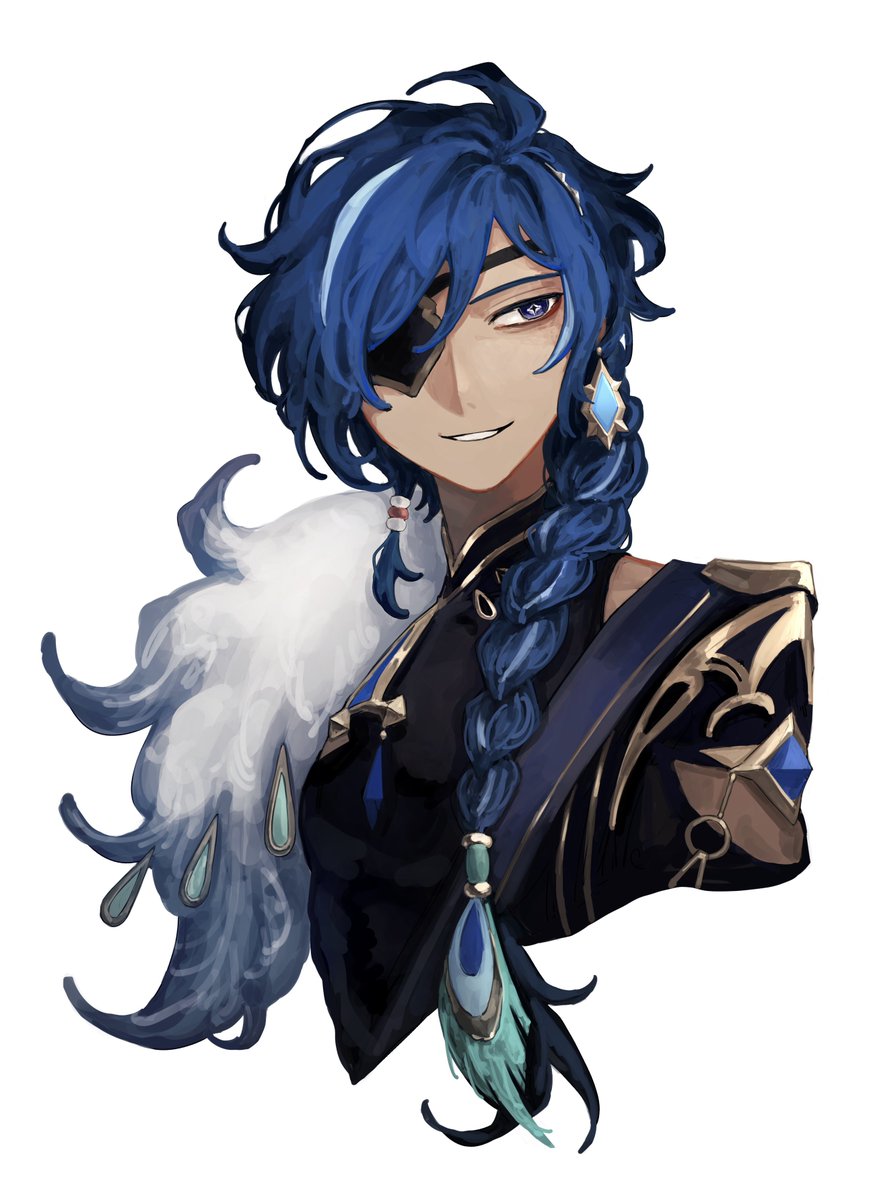 kaeya (genshin impact) 1boy male focus blue hair solo eyepatch dark-skinned male jewelry  illustration images