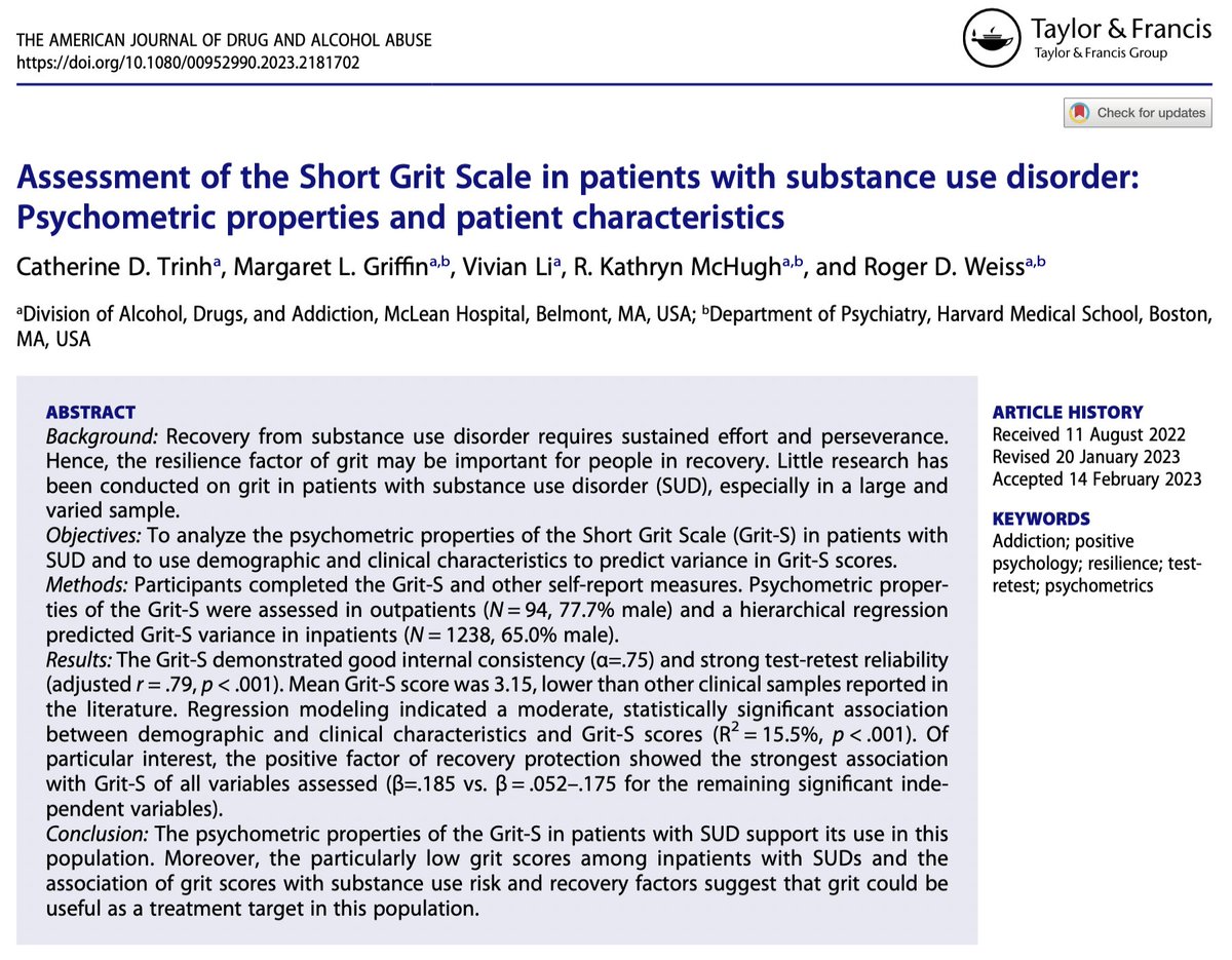 American Journal of Drug and Alcohol Abuse (AJDAA) (@ajdaajournal) on Twitter photo Assessment of the Short Grit Scale in patients with substance use disorder: psychometric properties and patient characteristics
<a href="/CatherineDTrinh/">Catherine Trinh, M.A.</a> et al
→ doi.org/10.1080/009529…
#Addiction #PositivePsychology #Psychometrics #Resilience #SubstanceUseDisorders #ShortGritScale Assessment of the Short Grit Scale in patients with substance use disorder: psychometric properties and patient characteristics
<a href="/CatherineDTrinh/">Catherine Trinh, M.A.</a> et al
→ doi.org/10.1080/009529…
#Addiction #PositivePsychology #Psychometrics #Resilience #SubstanceUseDisorders #ShortGritScale