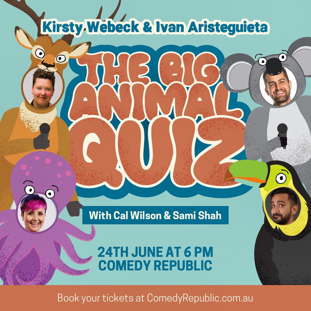 Tonight, Melbourne! Come get cosy at @comedyrepublic_ and learn some stuff about the animal kingdom! Starting @IvanComedy, Sami Shah and @calbo! Tix: comedyrepublic.com.au/event/38:238/3…