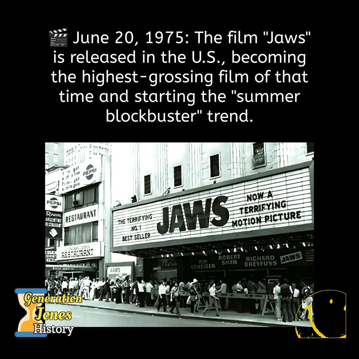 🎬 June 20, 1975

#jaws #film #moviehistory #blockbuster 
#history #ushistory 
#1970s 
#society #entertainment #generationjones #generationx #babyboom