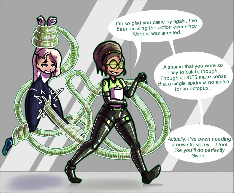 so i recently rewatched into the spiderverse cos the sequel is so good and that one scene where doc ock inflates her tentacles came on and i immediately knew i had to draw something with them
also gwen is there because i love her she gives me serotonin