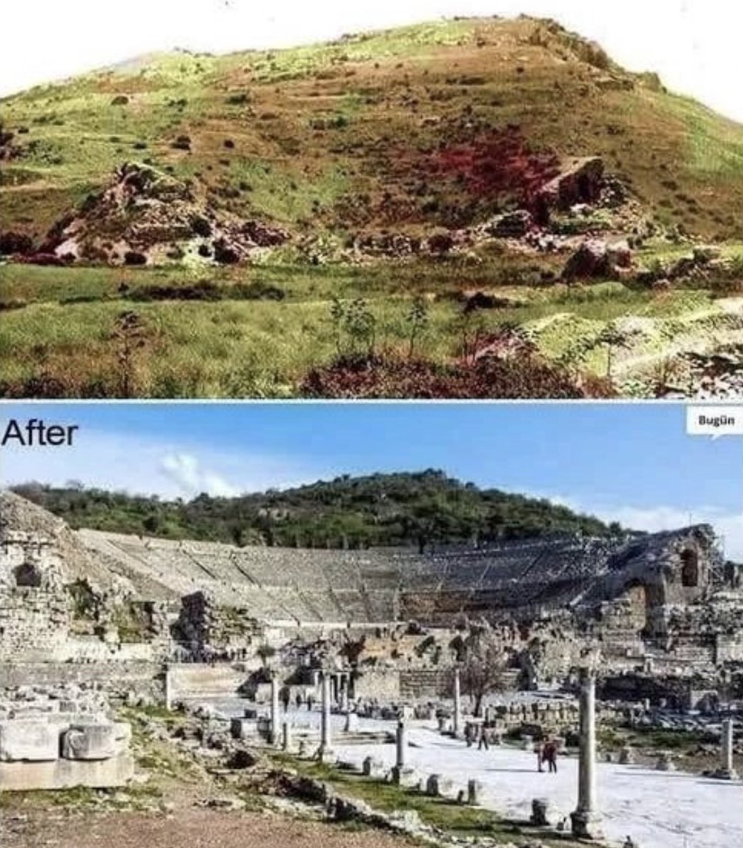 The ancient city of Ephesus before and after excavations: 

Ephesus was an ancient port city whose well-preserved ruins are located in modern-day Turkey. The city was once considered the most important Greek city and the primary trading center in the Mediterranean region.…