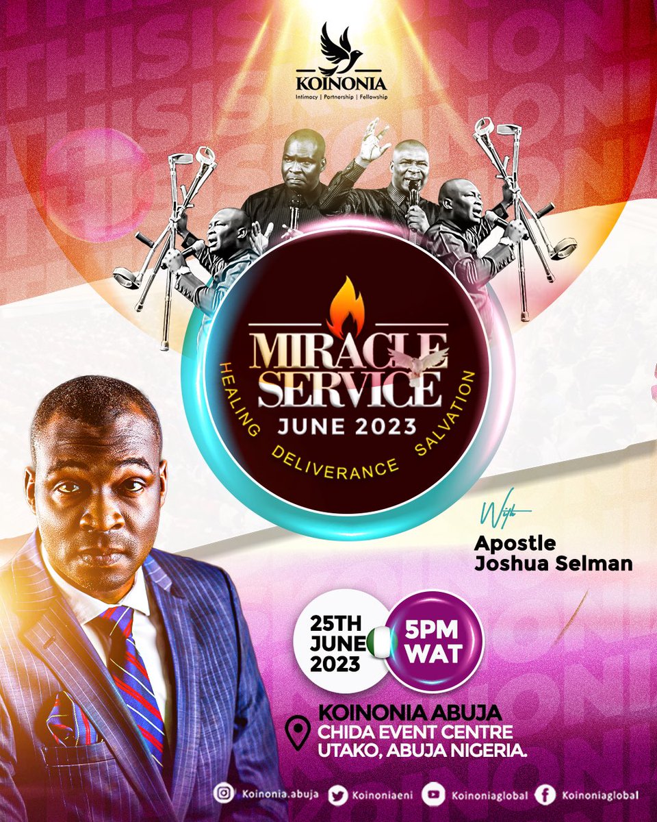 Miracles, signs, and wonders reveals the wonder-working dimension of God's power to mankind. Get set to experience these and more at the Koinonia Abuja June 2023 Miracle Service.

Plan to join us on-site this Sunday, 25th June, 2023 at Chida Event Centre, Utako-Abuja by 5PM (WAT)