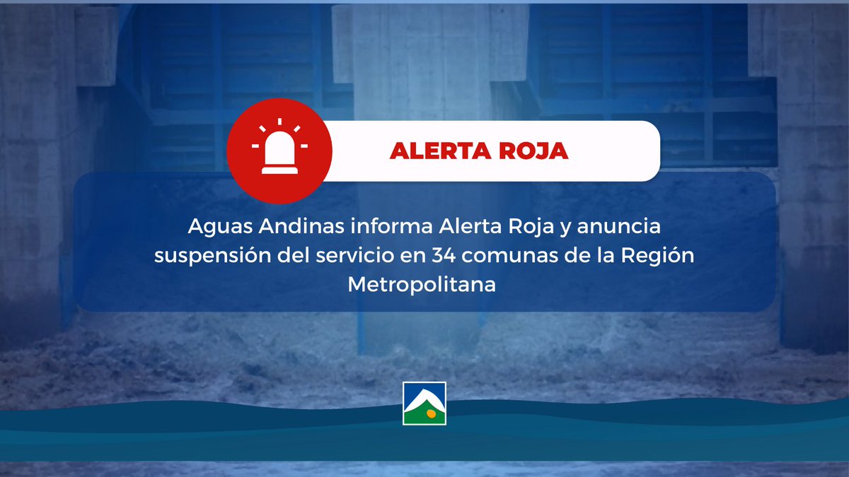 🚨 Se decreta alerta roja, ratificando la suspensión temporal del suministro para 34 comunas de la Región Metropolitana a partir de las 14.00 horas de este sábado 24 de junio.

➡️ Para conocer el detalle del polígono afectado ingresa a aguasandinas.cl.