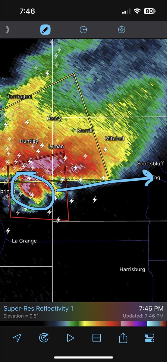 This large and very dangerous #tornado is currently near the Hawk Springs Recreational Area so there could be many people vulnerable on this Friday evening. Scottsbluff and Gering are next in line if it holds up. #NEwx #WYwx