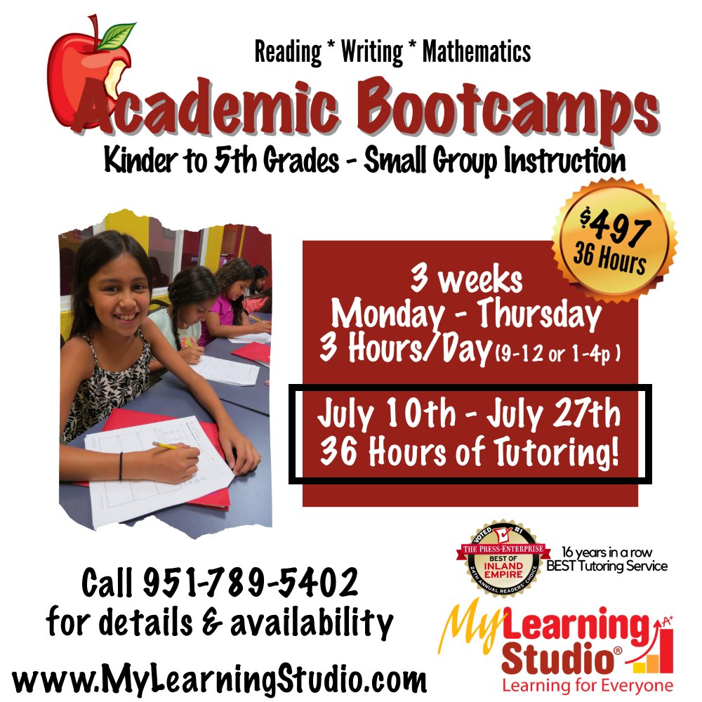 My_Learn_Studio's tweet image. 🍎✏️📖 We highly recommend our Summer Academic Bootcamps for K-5th grade students!

Sign up now for our July 10th-27th session!
Call (951) 789-5402 for details &amp;amp; availablity
MyLearningStudio.com/summer

#MyLearningStudio #tutoring #RiversideTutors #academicbootcamp #summertutoring