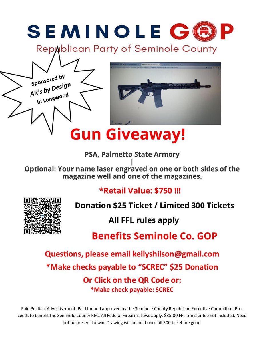 A gun shop near Lyman high school and the Seminole County GOP are shamefully teaming up to raffle a gun. Thanks to one of my fellow @MomsDemand volunteers for sharing this reckless and dangerous fundraising ploy putting a weapon of war in our community.  #EndGunViolence #FlaPol