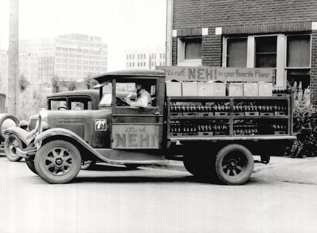 okhistory's tweet photo. “Drink NEHI in your favorite flavor” 🥤 What’s your favorite?
This 1934 photo was taken in downtown Oklahoma City, with the Harbour-Longmire Furniture Co. building visible in the distance (OPUBCO Photography Collection, OHS) #Nehi #Soda #SodaPop https://t.co/FBSvSD0O8r