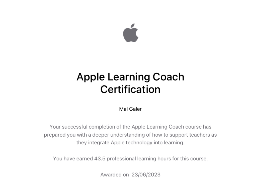 Was acknowledged as an Apple Learning Coach today. Congratulations to the rest of the cohort who achieved this with me 🎉 @AppleEDU #AppleLearningCoach