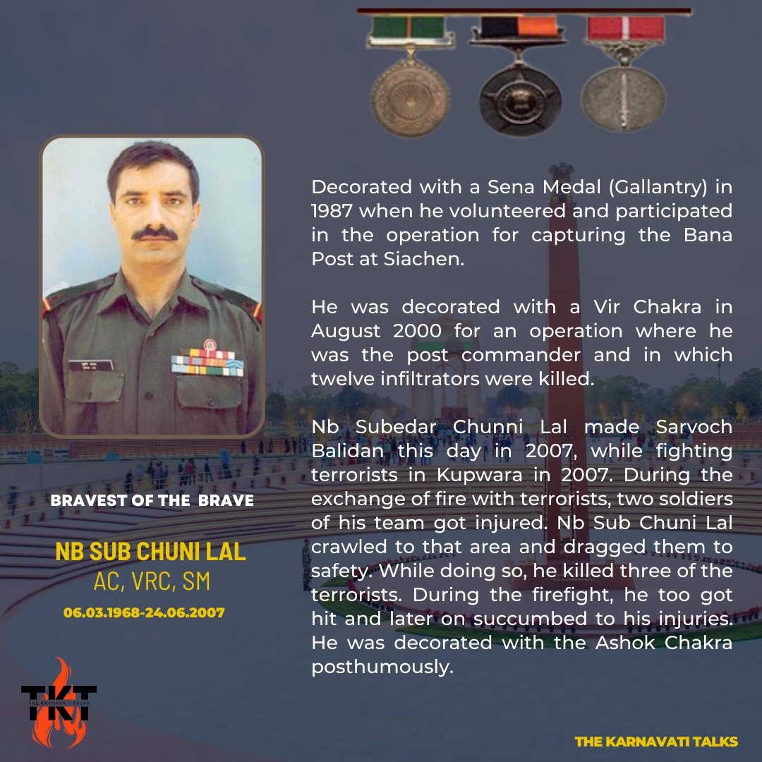 'If Courage had a Face!'

Naib Subedar Chuni Lal
AC(P),VrC,Sena Medal
8 JAK LI

India lost one of its highly decorated soldier in Kupwara encounter on 24 June 2007.

#LestWeForgetIndia #indianarmy #ashokchakra #virchakra #senamedal