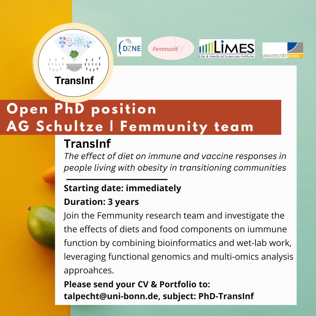 Tal Pecht (Ph.D.) 💔 (@immunotal) on Twitter photo Open #PhDposition <a href="/LabSchultze/">Schultze Lab</a> <a href="/LIMES_Bonn/">LIMES Institute Bonn</a> #Femmunity team: Join us to study the effects of #traditionaldiet and #urbanization on #immune and #vaccine responses in people living obesity in #Tanzania 🇹🇿🥣👩🔬 #populationstudy #Bioinformatics details here >> bit.ly/phd_transinf Open #PhDposition <a href="/LabSchultze/">Schultze Lab</a> <a href="/LIMES_Bonn/">LIMES Institute Bonn</a> #Femmunity team: Join us to study the effects of #traditionaldiet and #urbanization on #immune and #vaccine responses in people living obesity in #Tanzania 🇹🇿🥣👩🔬 #populationstudy #Bioinformatics details here >> bit.ly/phd_transinf