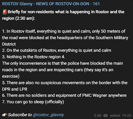 ForceTenGauge's tweet photo. 🇷🇺 Rostov local media reports things are quiet. Don't believe the hype about gun battles and helicopters. #Russia #RussiaIsNotCollapsing #Wagner #WagnerCoupIsNotHappening https://t.co/N3yL3yMcCM