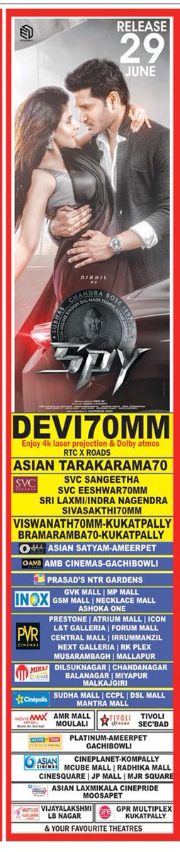 #SPY Nizam/Hyderabad Theatres list 

#IndiasBestKeptSecret 🇮🇳

@actor_Nikhil
@Ishmenon @Garrybh88 @tej_uppalapati @anerudhp #Edentertainments #KRajashekarreddy