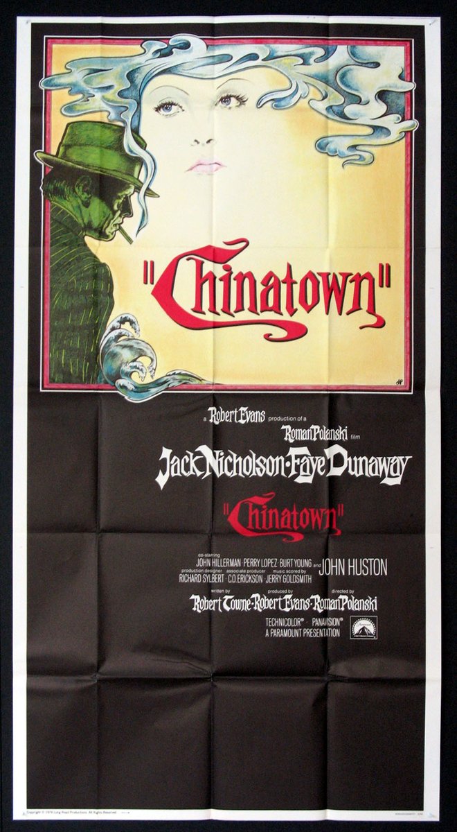 CHINATOWN (1974).  @Filmposterscom #JackNicholson #FayeDunaway #JohnHuston  Director: #RomanPolanski. Art by Jim Pearsall.  Original US movie poster is a 3 sheet, 41x81. 

filmposters.com/pd/CHINATOWN/1… #filmposterscom