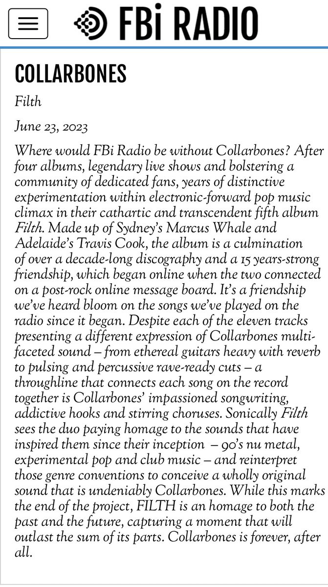 Thank you to Sydney institution <a href="/fbiradio/">FBi Radio</a> for fostering our growth from the very beginning and until the very end.

FBi have featured all five Collarbones records as Album of the Week over the past 15 years.