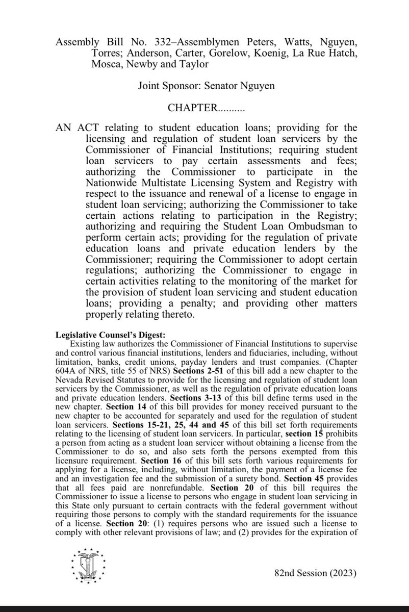 I am proud to share that AB 332 was signed by Governor <a href="/JosephMLombardo/">Governor Joe Lombardo</a>! Thank you to <a href="/VoteSarahPeters/">Sarah Peters</a>, <a href="/HowardWattsNV/">Howard Watts III</a>, the bill’s co-sponsors, Governor Lombardo, <a href="/theSBPC/">Student Borrower Protection Center</a>, and <a href="/christinajopez/">Christina Lopez</a> &amp; team for making this possible.