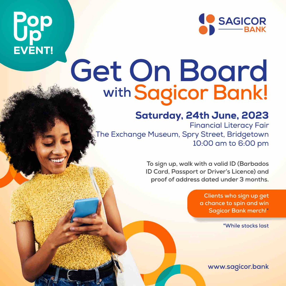 The Sagicor Bank team is heading to Bridgetown!

Join us at the Financial Literacy Fair at the Exchange Museum, Spry Street, Bridgetown from 10:00am - 6:00pm.

Stop by, sign up and have a chance to win Sagicor Bank swag.

#sagicorbank #digitalbank #betterbanking #barbados #popup