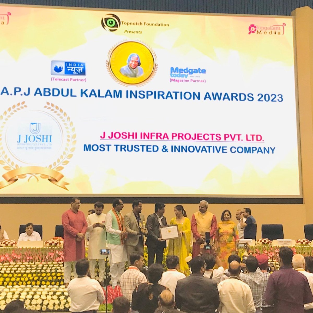 dholeraplot's tweet image. I would like to thank our Managing Director Dr. Jignesh Joshi for giving me an opportunity to receive Topnotch Foundation presents &quot;Most Trusted &amp;amp; Innovative Company&quot; - Dr. APJ Abdul Kalam Inspirations Award 2023 on behalf of our company J Joshi Infra Projects Pvt Ltd.