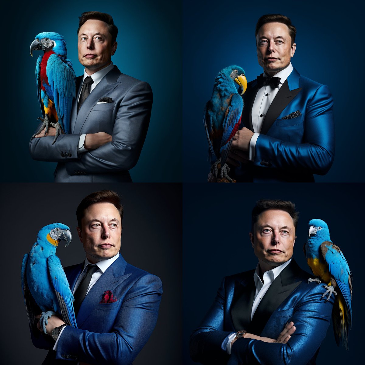 Elon Musk with a blue Macaw parrot.

request: @DankestNebula5
