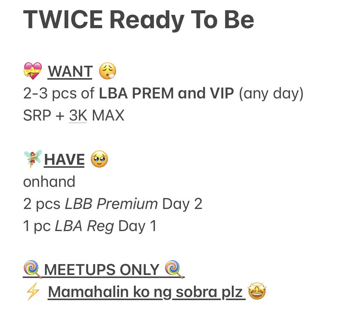 i1basa's tweet photo. LFS WTB Twice Ready to Be Bulacan 🤍

VIP LBA PREM x2 or x3

🥹 please read the note in the end 😤 https://t.co/CDBaUjYZnL