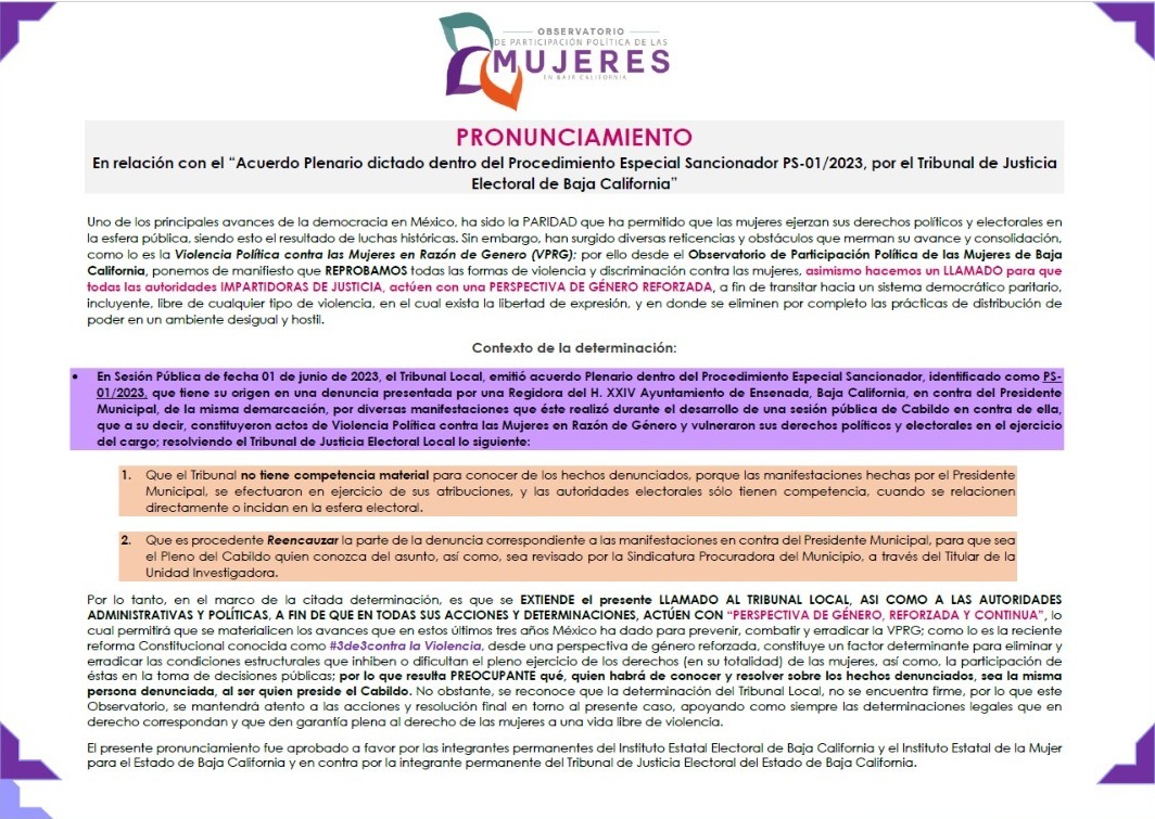 oppmujeresbc's tweet photo. Compartimos el Acuerdo 04/2023 por medio del cual el #OPPMBC emite el PRONUNCIAMIENTO en relación con el “Acuerdo Plenario dictado dentro del Procedimiento Especial Sancionador PS-01/2023, por el Tribunal de Justicia Electoral de Baja California”.
https://t.co/M8Xy5iHrh6 https://t.co/KloTKk8HmB
