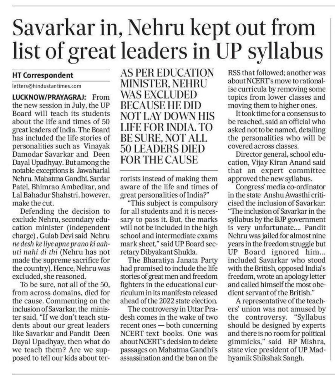 Savarkar in , Nehru kept ou of list of great leaders in UP.

Shame.