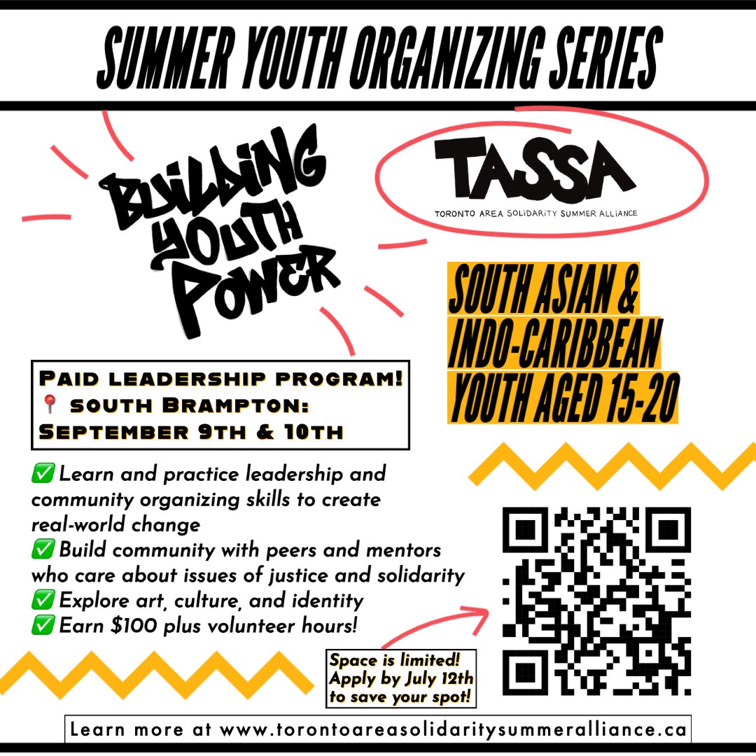 CALLING SOUTH ASIAN &amp; INDO-CARIBBEAN YOUTH AGED 15-20! Apply today for the Toronto Area Solidarity Summer Alliance (TASSA) Summer Youth Organizing Series. Details below. Apply here: bit.ly/46fyh4P. Powerful opportunity for youth! #BuildingYouthPower <a href="/PeelLabour/">Peel Regional Labour Council</a> #OnLab
