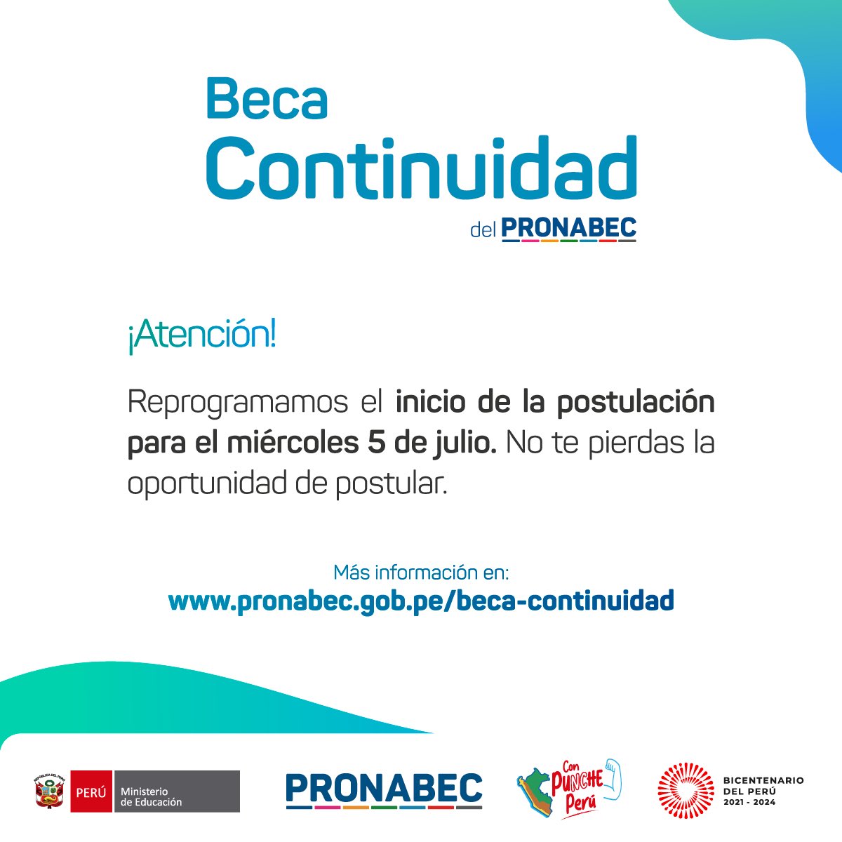 Pronabec's tweet photo. 📢📅 ¡Importante! 🌟✨ Se ha reprogramado la fecha de inicio de postulación para la #BecaContinuidad . 😃🎓 Prepárate para aplicar. 🚀🎉
📌 Obtén más información en la siguiente RDE ➡ https://t.co/ukt1aHyAKe https://t.co/L6M2JwBOyr