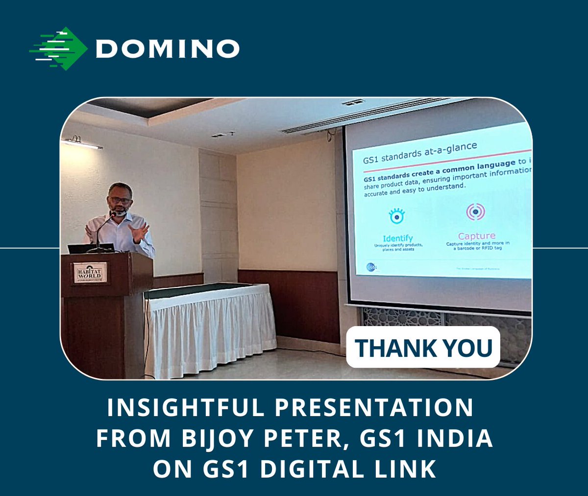 DominoIndia's tweet photo. Thanks BijoyPeter from @GS1India for the insightful presentation on GS1 Digital Link.
We look forward to more collaboration in the future to help brands protect & grow their customers.
πKnow more: https://t.co/9R2v5XPneu
#traceability #tracking #DominoIndia #GS1India https://t.co/vPOcr2l5lu