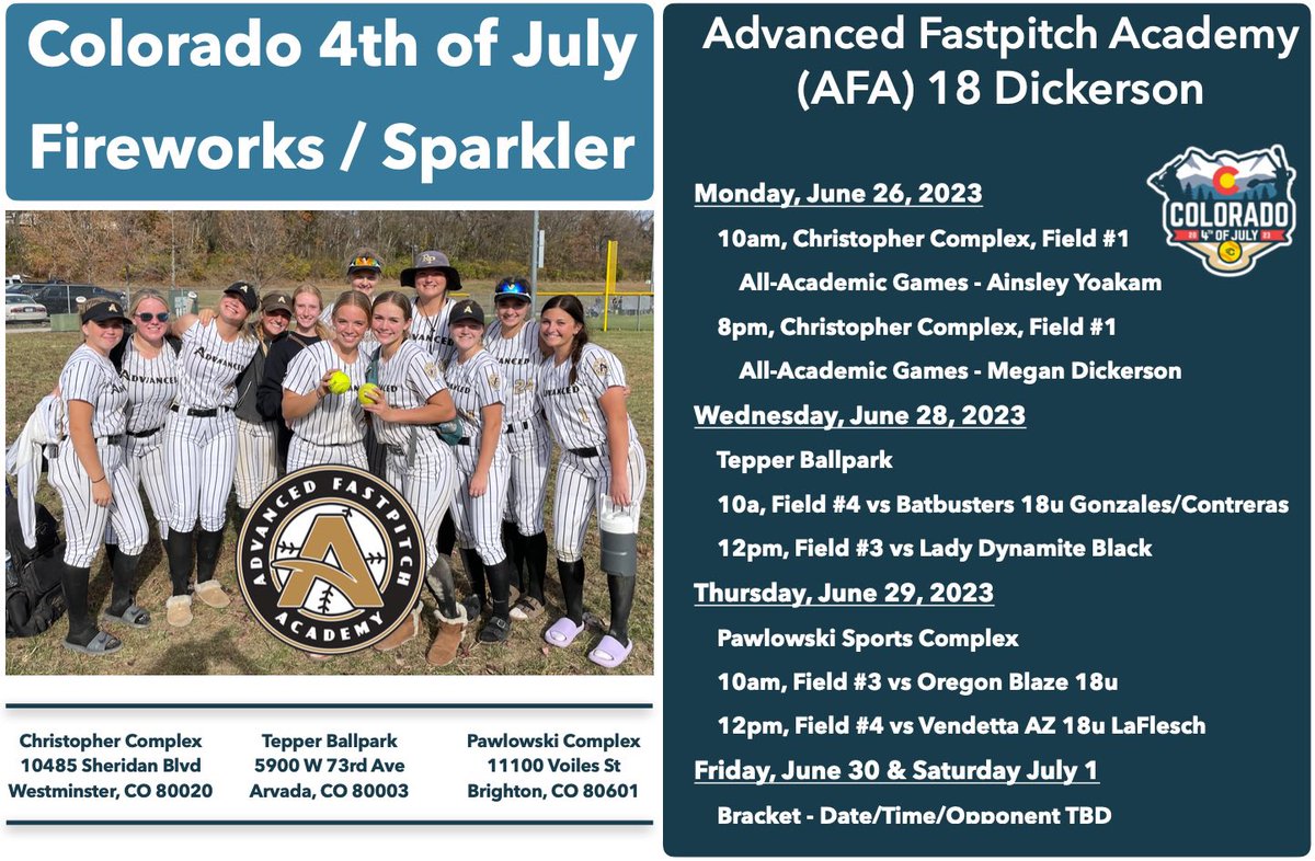 These #ImpactAthletes are looking forward to their return to Colorado! Let’s Go! 
<a href="/COSparkFire/">CO 4th of July</a> 
<a href="/burdickmaddie8/">maddie</a>
<a href="/AydinDeeter/">Aydin Deeter</a>
<a href="/ains_yoakam/">Ainsley Yoakam 2024</a>
<a href="/megand2024/">MeganD2024</a>
<a href="/AFA_softball/">Advanced Fastpitch</a>
<a href="/bellags05/">Bella Sanchez</a>
<a href="/emailywhitmarsh/">Emaily</a>